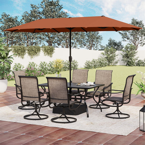 PHI VILLA 8-Piece Patio Dining Set with 13ft Umbrella Textilene Swivel Chair & Slat Rectangle Table