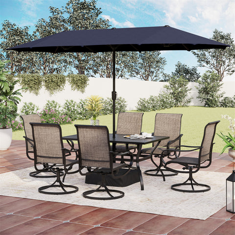 PHI VILLA 8-Piece Patio Dining Set with 13ft Umbrella Textilene Swivel Chair & Slat Rectangle Table