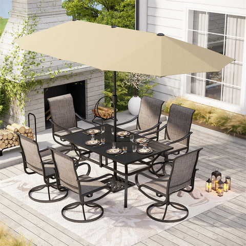 PHI VILLA 8-Piece Patio Dining Set with 13ft Umbrella Textilene Swivel Chair & Slat Rectangle Table