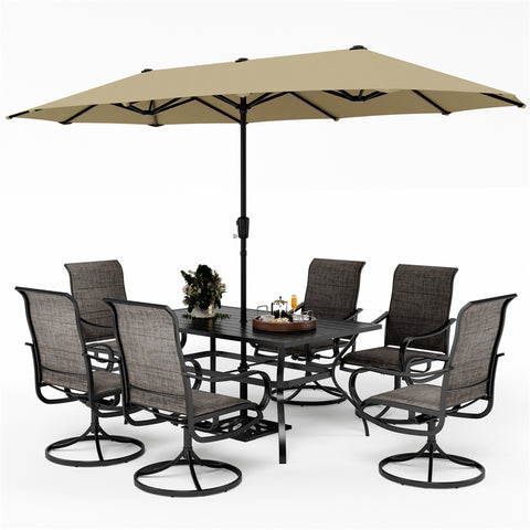 PHI VILLA 8-Piece Patio Dining Set with 13ft Umbrella Textilene Swivel Chair & Slat Rectangle Table