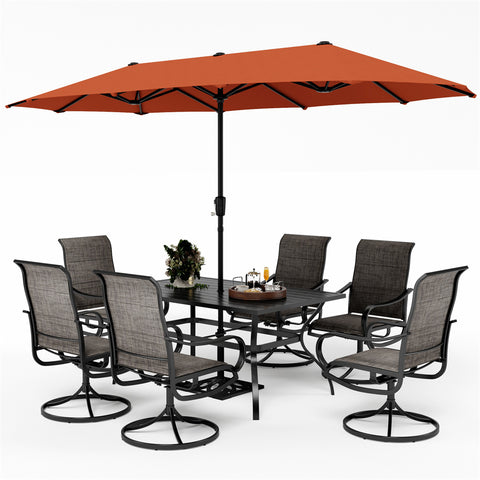 PHI VILLA 8-Piece Patio Dining Set with 13ft Umbrella Textilene Swivel Chair & Slat Rectangle Table