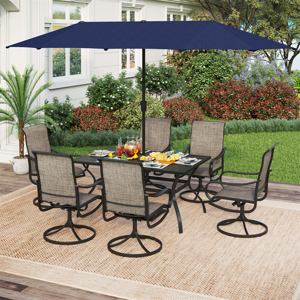 PHI VILLA 8-Piece Patio Dining Set with 13ft Umbrella Textilene Swivel Chair & Slat Rectangle Table