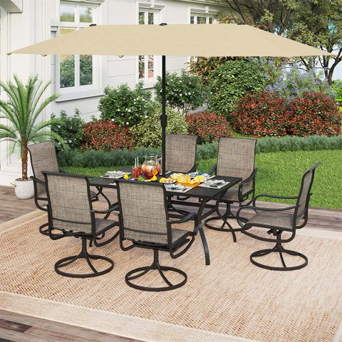 PHI VILLA 8-Piece Patio Dining Set with 13ft Umbrella Textilene Swivel Chair & Slat Rectangle Table