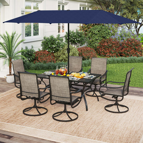 PHI VILLA 8-Piece Patio Dining Set with 13ft Umbrella Textilene Swivel Chair & Slat Rectangle Table