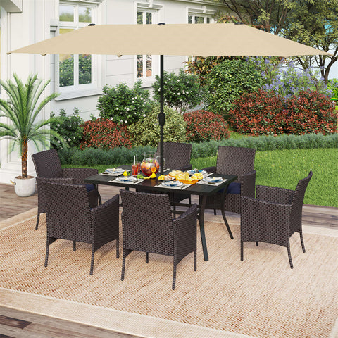 PHI VILLA 8-Piece Outdoor Dining Set with 13’ Umbrella Large Rectangle Metal Dining Table & Cushioned Rattan Chairs