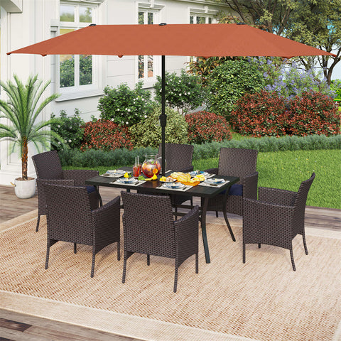 PHI VILLA 8-Piece Outdoor Dining Set with 13’ Umbrella Large Rectangle Metal Dining Table & Cushioned Rattan Chairs