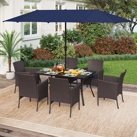 PHI VILLA 8-Piece Outdoor Dining Set with 13’ Umbrella Large Rectangle Metal Dining Table & Cushioned Rattan Chairs