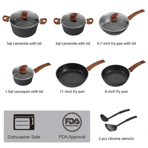 12 Pieces Kitchen Pots & Pans Set Nonstick Cookware Set Granite