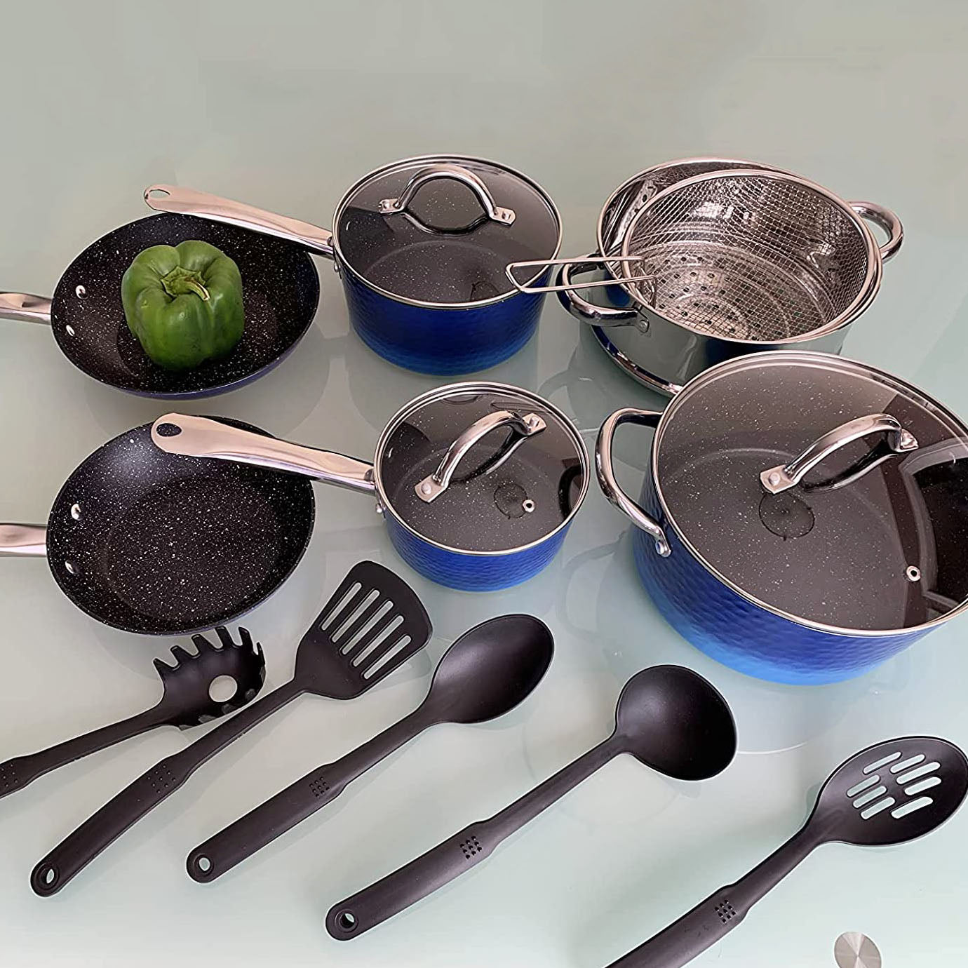 Stylish Hammered Finish Nonstick 15 Pieces Cookware Gift Set-Kitchen Academy  – AlphaMarts