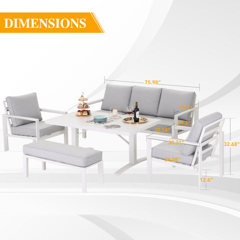 PHI VILLA 5-Piece Thick-cushioned Patio Conversation Set with White Aluminum Alloy Frame