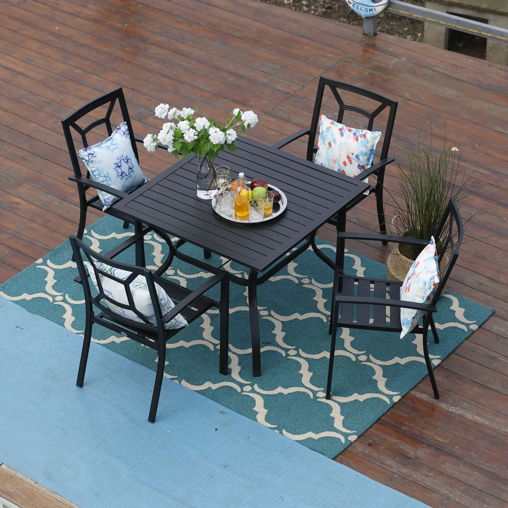 PHI VILLA 5-Piece Patio Dining Set Steel Square Table and Stackable Ch ...