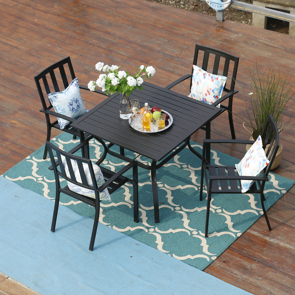 PHI VILLA 5-Piece Patio Dining Set Steel Square Table and Stackable Ch ...