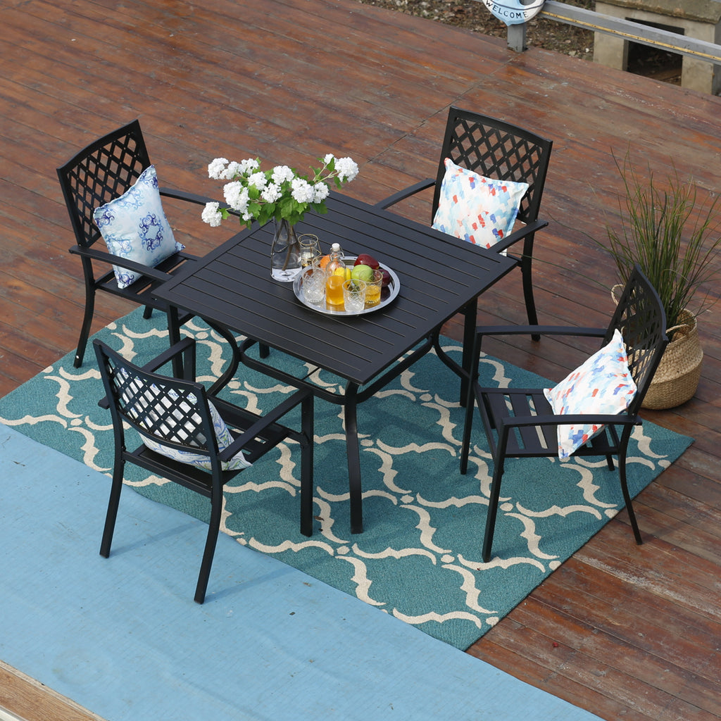 PHI VILLA 5-Piece Patio Dining Set Steel Square Table and Stackable Ch ...