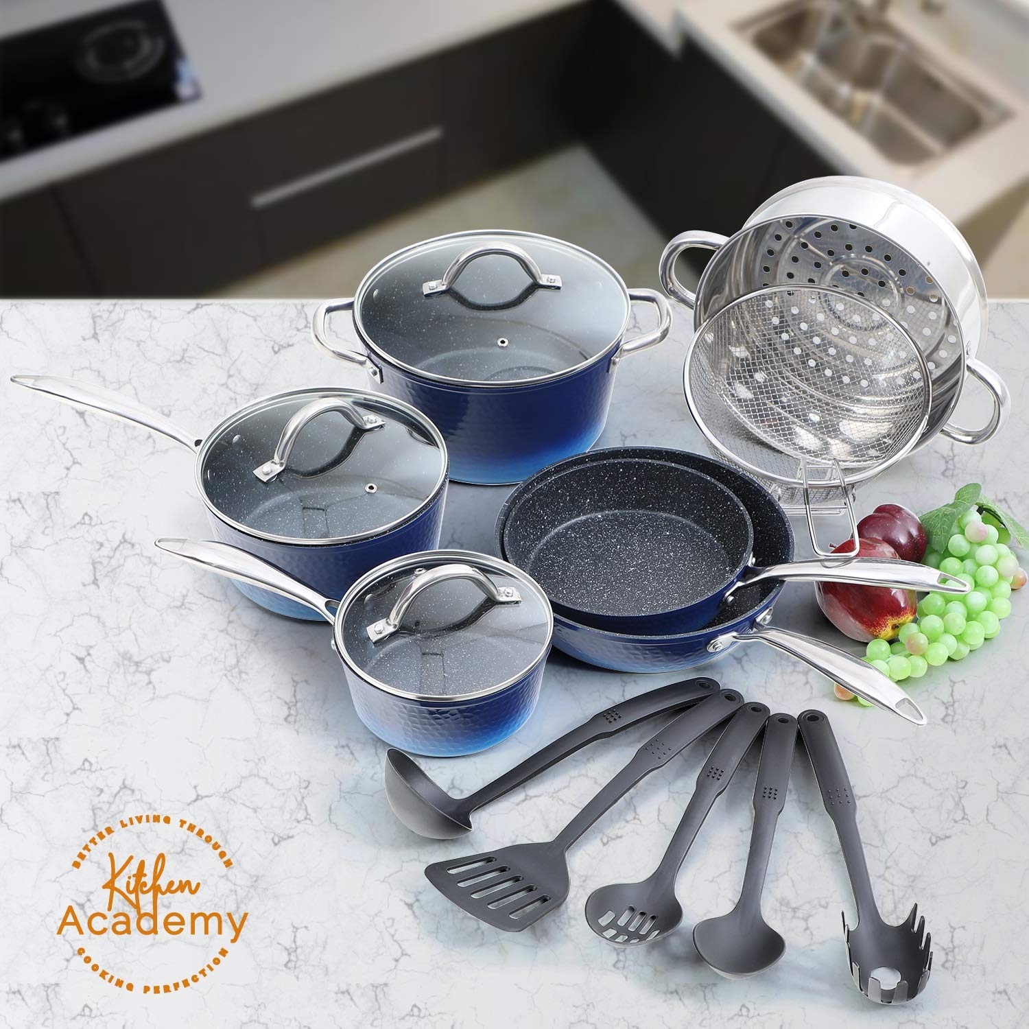 Kitchen Academy Induction Cookware Sets - 15 Pcs Black Hammered Cooking  Pans Set