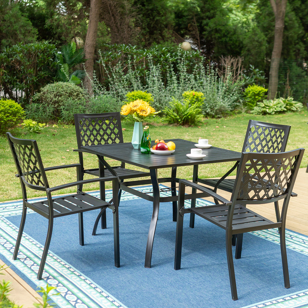 PHI VILLA 5-Piece Patio Dining Set Steel Square Table and Stackable Ch ...